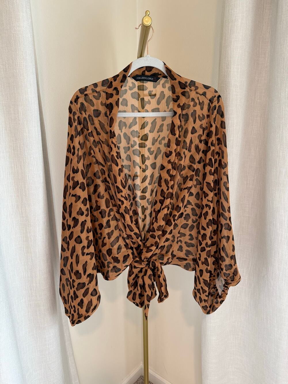 Colleen Lopez Blouse Top Women's Large Brown Black Leopard Print Sheer Tie Front